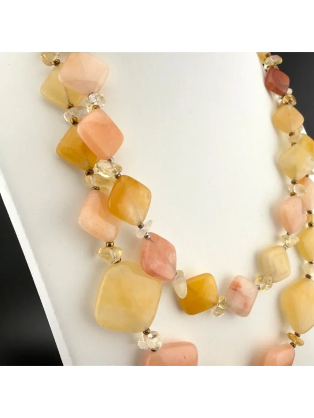 Natural Stone Beaded Necklace Double Strand Yellow Peach Sterling Silver Clasp